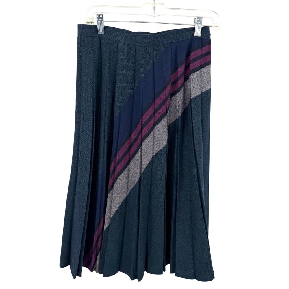 VTG PERSONAL MIDI PLEATED SKIRT W/ GRAY BLUE PURPLE DIAGONAL STRIPES USA MADE 14